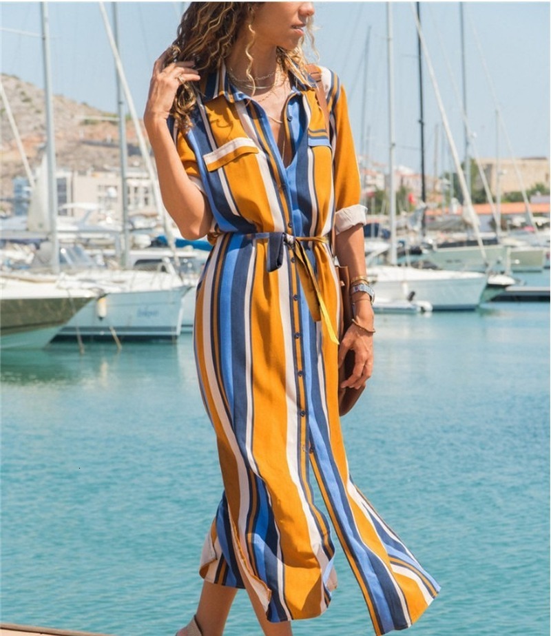 

2021 New Turn Down Collar Office Lady Stripe Shirt Boho Beach Casual Long Sleeve Elegant Party Vestidos Ffom, Orange
