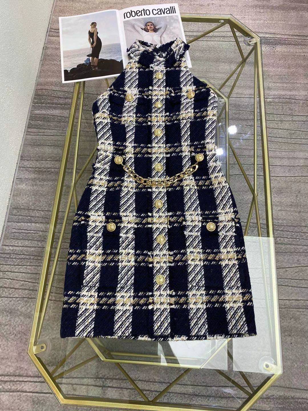 

2021 Plaid Tweed Halter Sleeveless Women' Dress Designer Lion Metal Buttons Runway Dress High End Celebrity Dress 202107, As shown