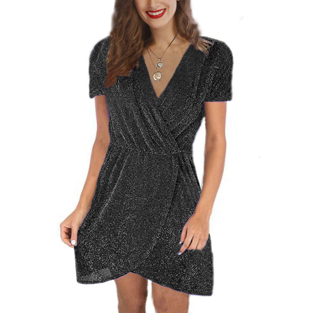

2021 New Sexy Elastic Waist Shiny Party Evening Elegant Short Sleeve v Neck Sequins Mini Travel Beach 0070, As photo