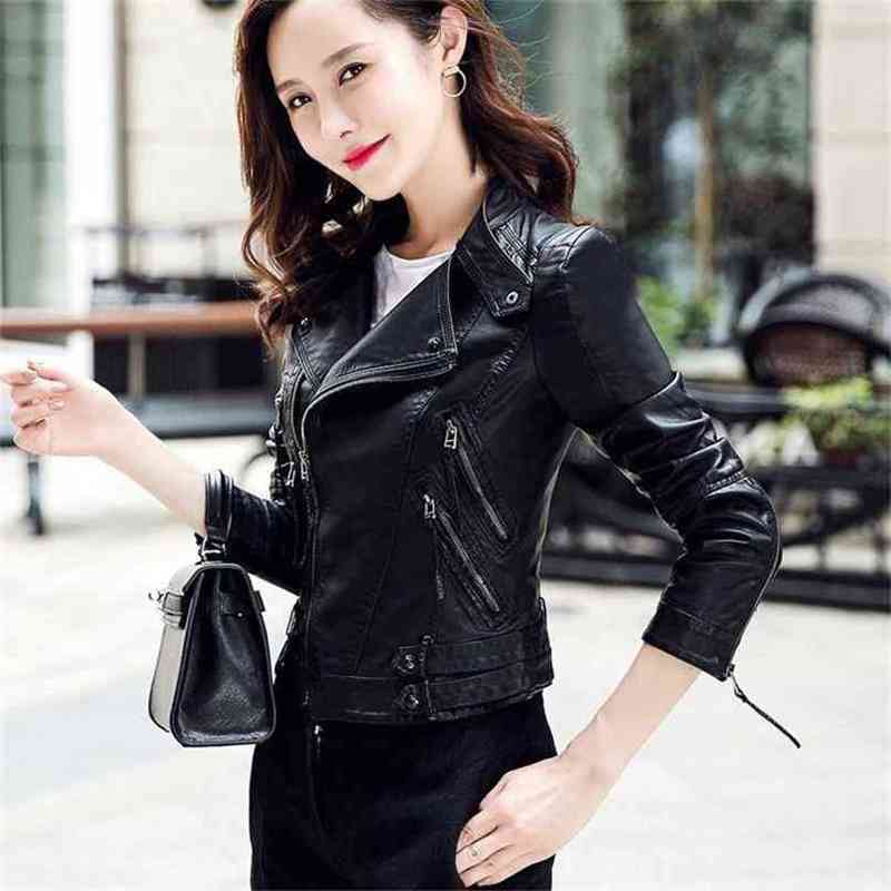 

Women Moto Biker Leather Jacket Turn Down Collar Zipper Short Coats Spring Autumn Ladies Pu Outwear Clothing 210525, Black