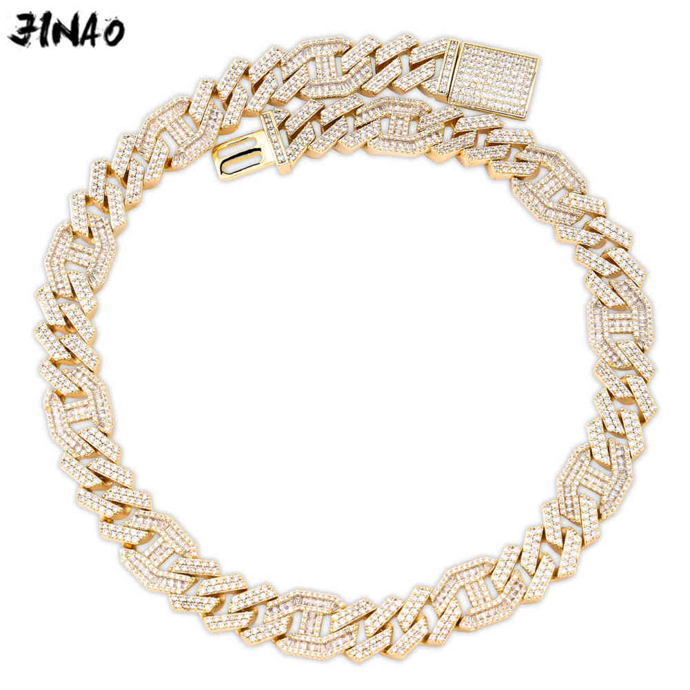 

JINAO Men 14mm Iced Out Chain Zircon Miami Cuban Link Baguette Zircon Necklace Bling Hip Hop Jewelry Gold Silver color 16-30 X0509