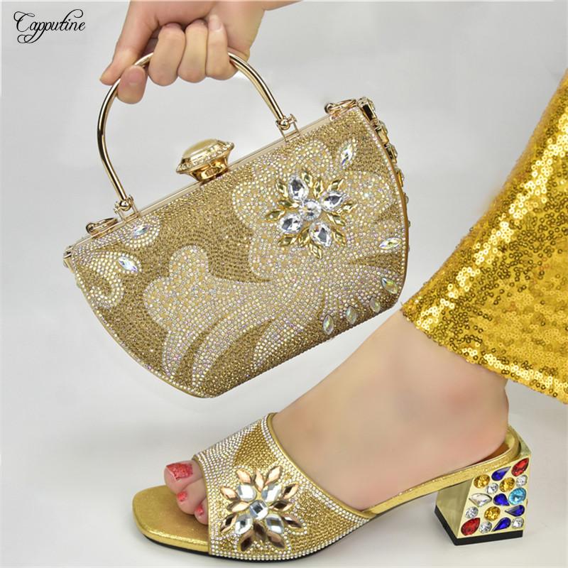

Dress Shoes Gold Women High Heels With Purse Bag Set African Ladies Sandals And Handbag Pumps Slippers Sac 938-9 Height 6.5CM, Black