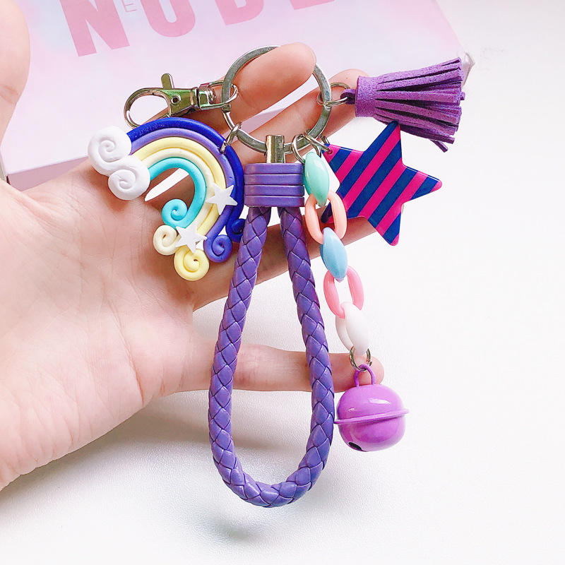 

Lovely Cute Rainbow Key Chain Leather Strap Braided Rope Tassel Keychains for Women Girl Star Lollipop Bag Charm Pendant