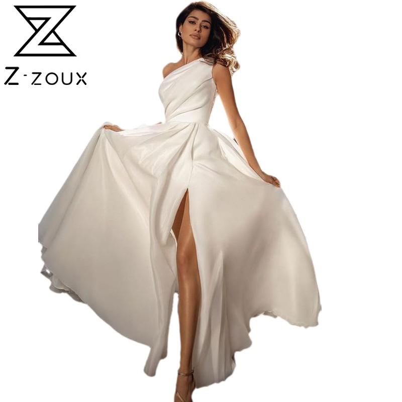 

Women Dress Sleeveless Asymmetry White Long Prom Dresses Sexy Plus Size Split Evening Clothes 210524