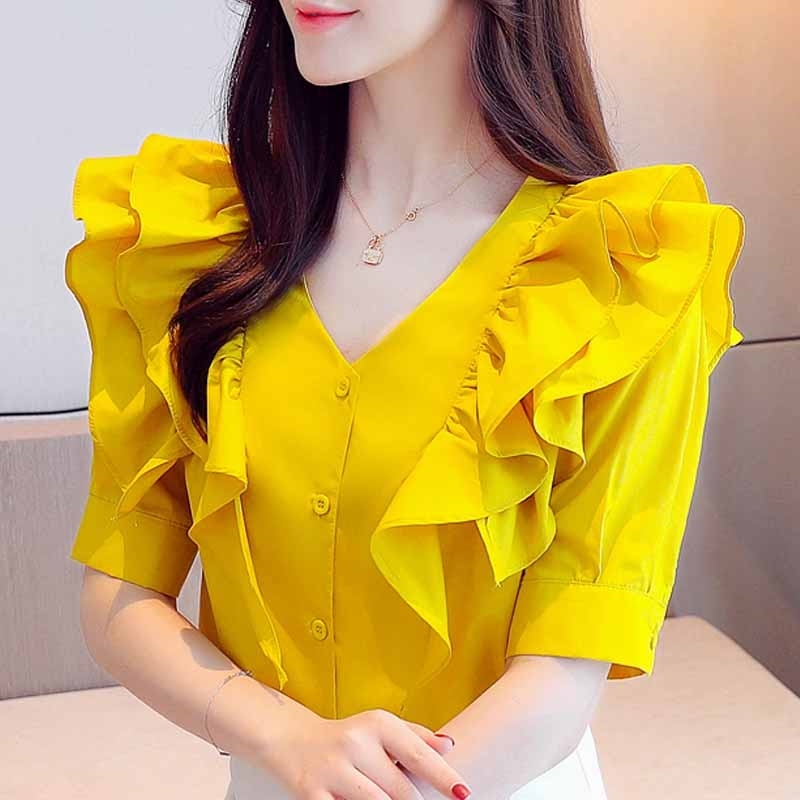 

Blouse Women Ruffles V-neck Chiffon Blouse Shirt Women Tops Short Sleeve Blouse Tops Women Shirts Blusas Camisas Mujer D234 210602, White