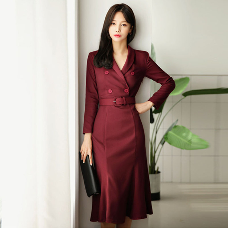 

OL Style Wine Red Women Dress Elegant Double Breasted Sashes Female Vestidos V-neck Mid-length Wear to Business 210525, Picture color