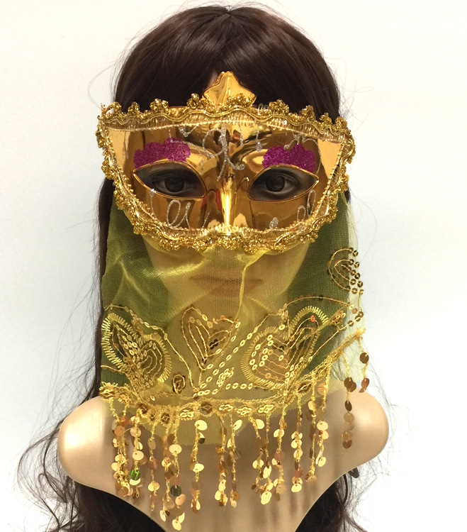 

Children's Annual Party Halloween Christmas Mask Belly Dance Masquerade Adult Get Together Indian Style With Veil Gold Powder Sequins
