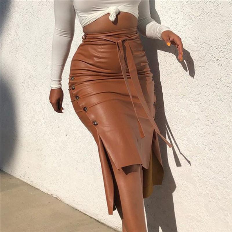 

Skirts Lace Up High Waist Sexy Women Bandage Female Faux Leather Button Midi Skirt Solid Color Bodycon Pencil With Belt, Black