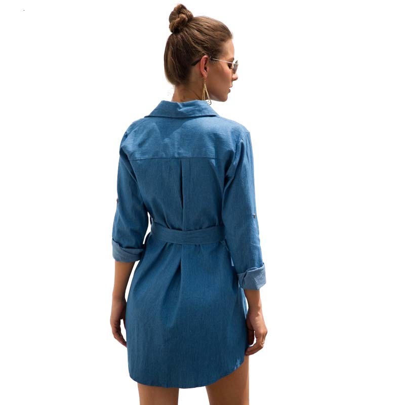 

2021 New Denim Long Sleeve Women Autumn Winter Casual Fashion with Belt Elegant Office Ladies Es Plus Size Vintage Mini Ua8s, Navy blue
