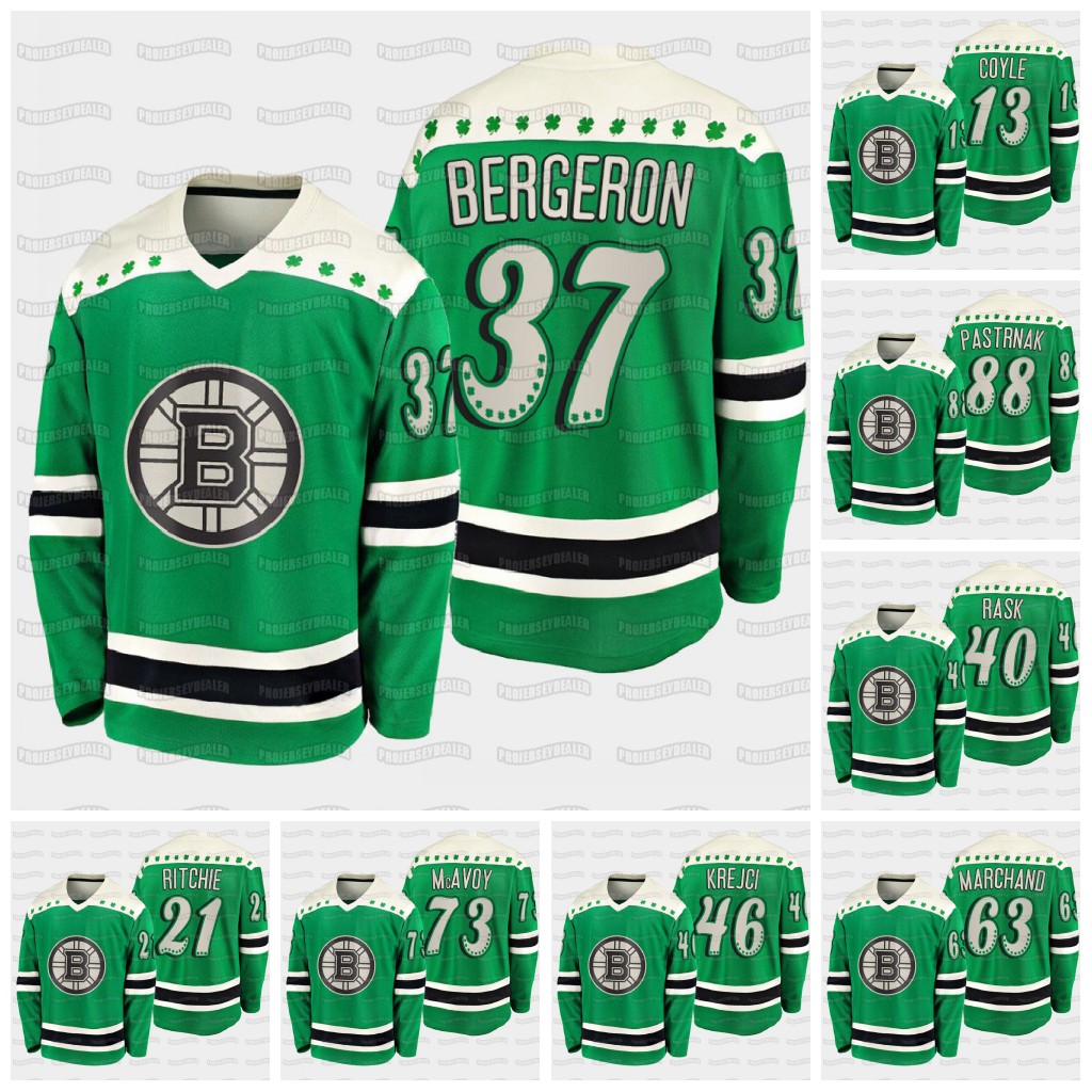 

37 Patrice Bergeron C patch Boston Bruins 2021 St Patricks Day Bobby Orr Curtis Hall David Pastrnak Coyle Kase Marchand Krejci Rask Jersey, Black;red
