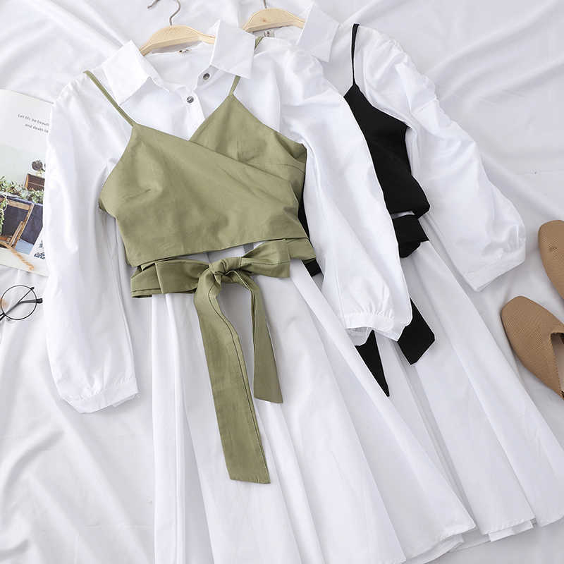 

VANOVICH Spring and Summer Fashion Women Dress Solid Color Long-sleeve Two-piece Korean Style Clothing 210615, Khaki