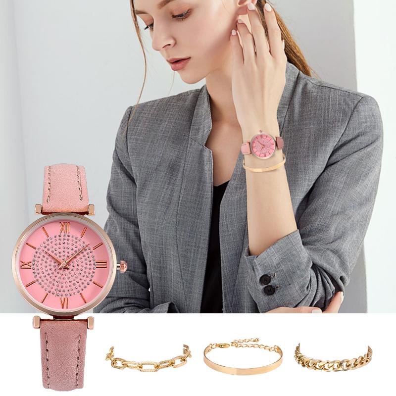 

Wristwatches Women's Quartz Watch Set Gift For Girlfriend Gold Bracelet Pink Leather Strap Exquisite Bag Packaging, Set d