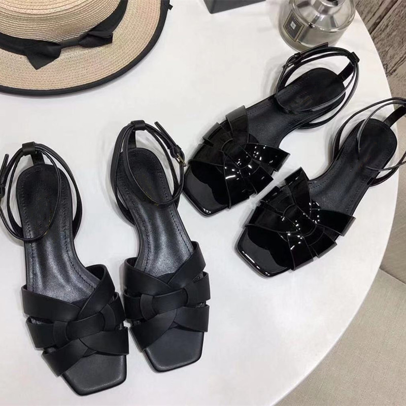 

Classic Real Leather Sandals Women Weave Design New Chic Summer Sandals Ankle Strap Flats Shoes Fashion Luxury Brand Designer Woman Shoes, Black