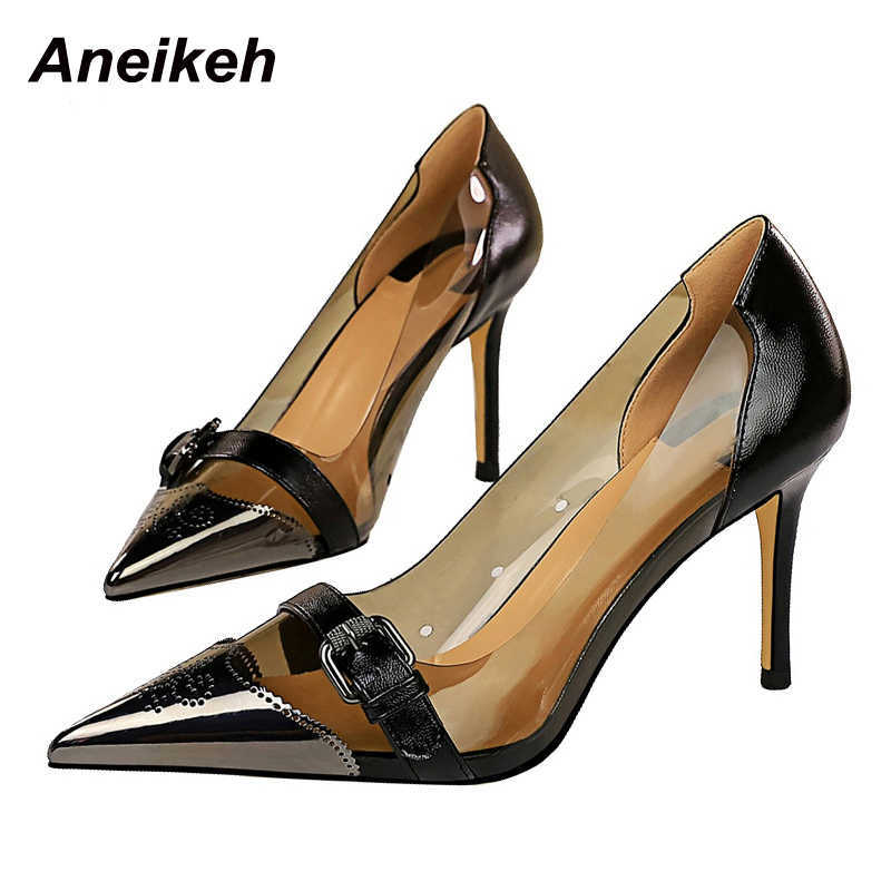 

Aneikeh Spring/Autumn Fashion PVC Sexy Open Women Shoes Pointed Toe Pumps Thin Heels Novelty Buckle Solid Slip-On Elegant 210615, Black