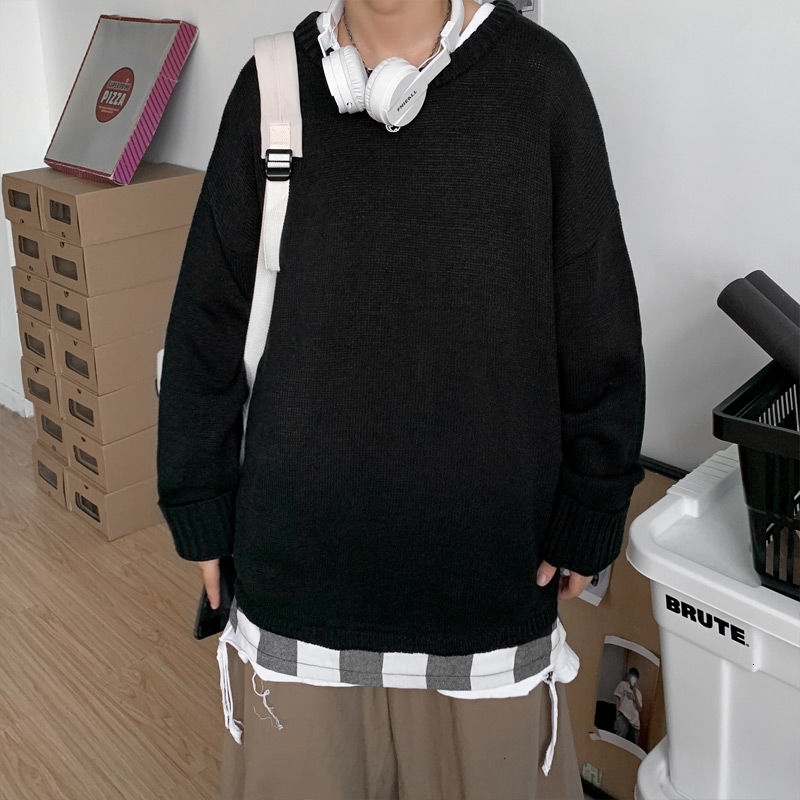 

2021 New Thick Fake Two-piece Sweater Men's Warm Fashion Retro Casual Knitted Pullover Men Loose Korean Knitting Sweaters Mens Clothes Caid, Black