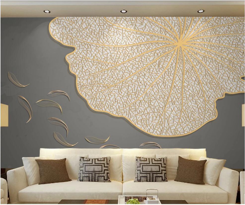 

New Chinese style 3d stereoscopic wallpaper lotus leaf abstract fish light luxury golden embossed line background wall, As show