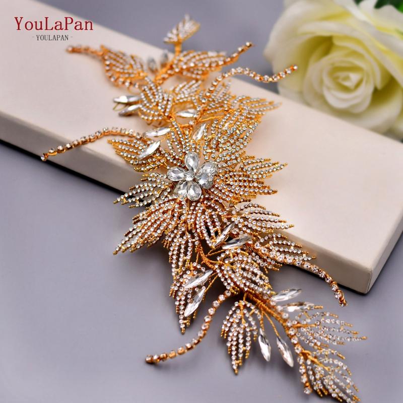 

Headpieces YouLaPan HP380 Gold Color Bridal Headband Alloy Leaf Rhinestones Hair Band Handmade Large Wedding Accessories For Brides