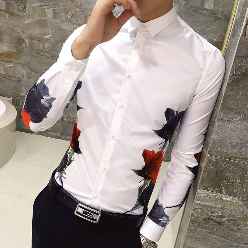 

2021 New Red Black Rose Pattern Print Classic Men's Business Slim Autumn Men Long Sleeve Casual Street Clothing Tuxedo Shirt 3b6w, White