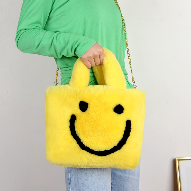 

Cute Smiley Face Women Plush Shoulder Bag Soft Faux Fur Ladies Chain Messenger Bags Fashion Female Small Purse Handbags Bolsas C0312