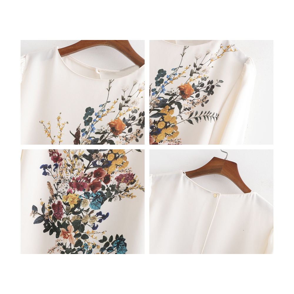 

2021 New Elegant Sleeve Bow Tie Shirt Floral Print O-neck Women Ladies Chic Tops Loose Chiffon Blouse Blusa Czhe, White
