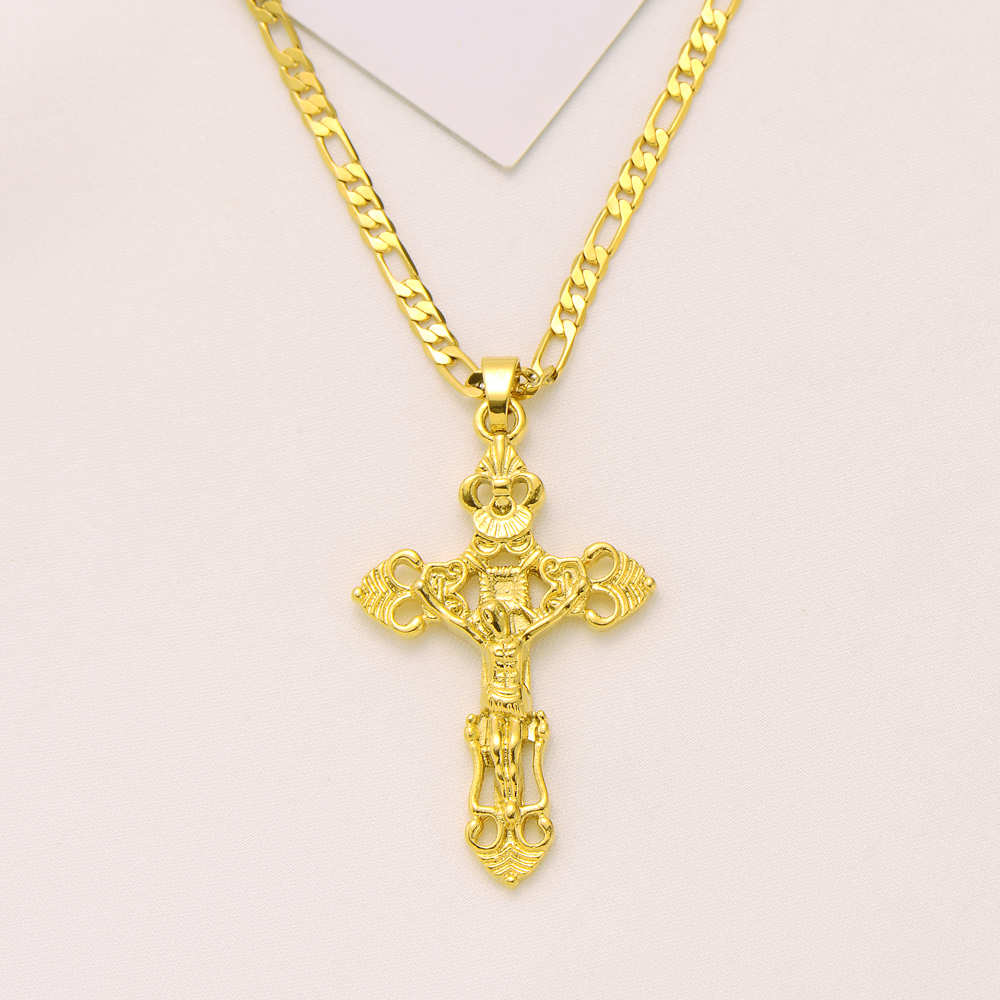 Italian Jesus Crucifix wide Cross Pendant Figaro Link Chain Necklace 18k Yellow Solid Gold GF 60cm Womens Mens 3mm