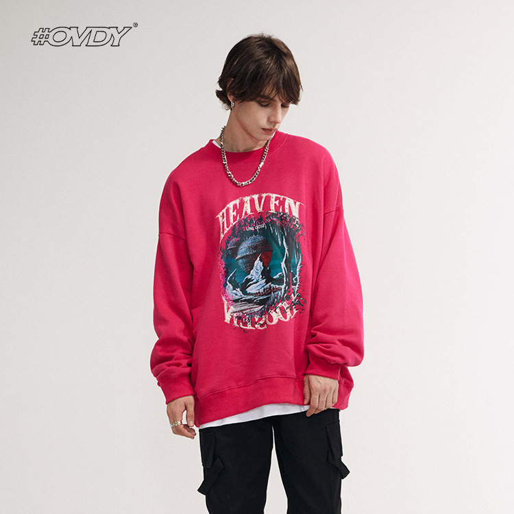 

wxwovdy 2021 autumn new simple national fashion blissful land print versatile round neck loose sweater men, Black