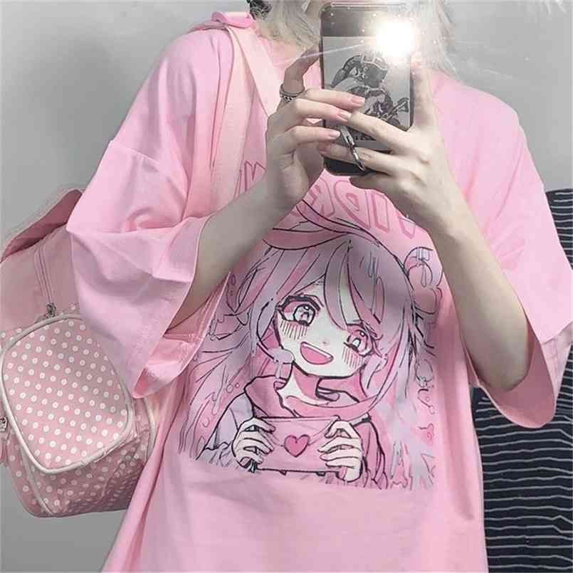 

Women Summer T-Shirt Girl Cotton Japan Cartoon Pink Top Cute Tees Causal Harajuku Oversized Punk Kawaii T Shirts Males 210708