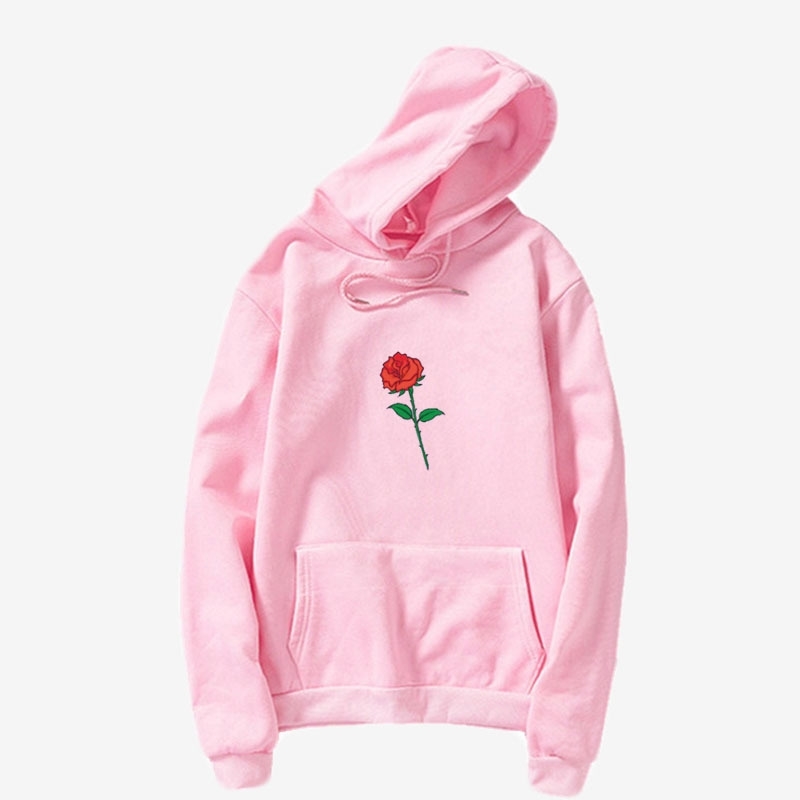 

New Hooded Sweatshirt loose simple rose print Harajuku style sweater, White