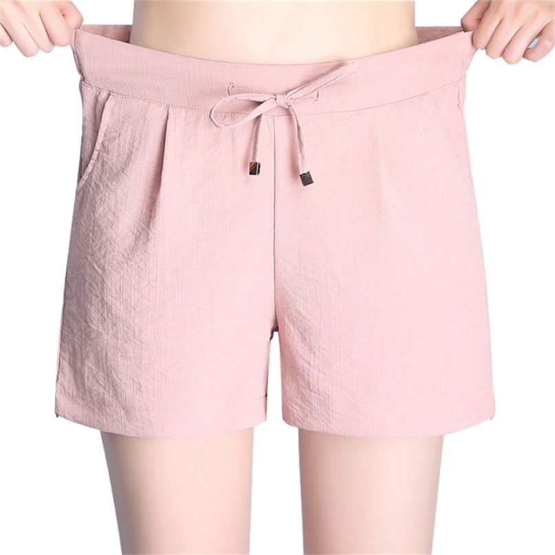 

Summer shorts ladies cotton and linen elastic waist loose casual S-4XL 210722, Pink