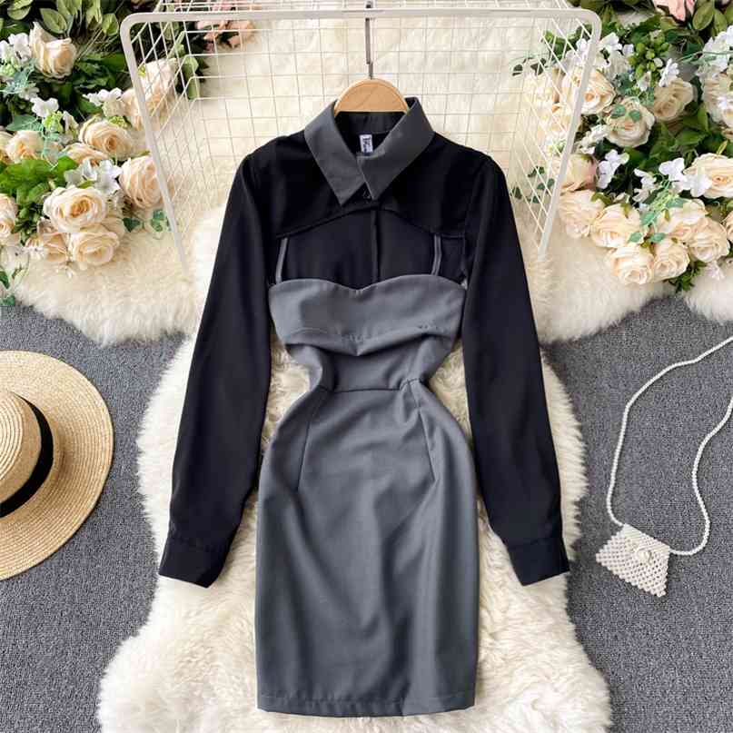 

Design Patchwork Long Sleeve Dress Women Fashion Turn down Collar Hollow Out Front High Street Robe Femme 210603, Black
