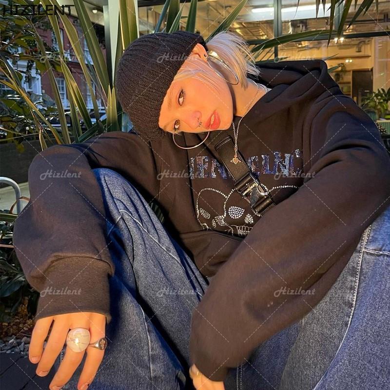 

Women's Hoodies & Sweatshirts Rhinestone Skull Oversized Emo Print Autumn Female Pullover Long Sleeve Kawaii Y2K Clothing, Black