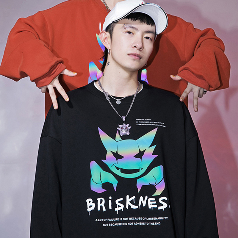 

2021 New Hoodie Men O-neck Harajuku Reflective Gengar Pattern Cotton Sweatshirt Hip Hop Streetwear Pullover Oversize Mens Hoodies 2e4r, Dark gray