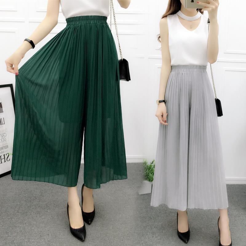 

Women's Pants & Capris Solid Loose Trousers Spring Summer Style Female Chiffon Pleated Skirts Women Wide Leg Elastic Waist Culottes, Black