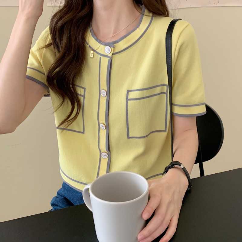

Women Vintage Ladies Elegant O-Neck Short Sleeve Buttons Cardigan Summer Fashion Knitted Tops 210526, Picture color