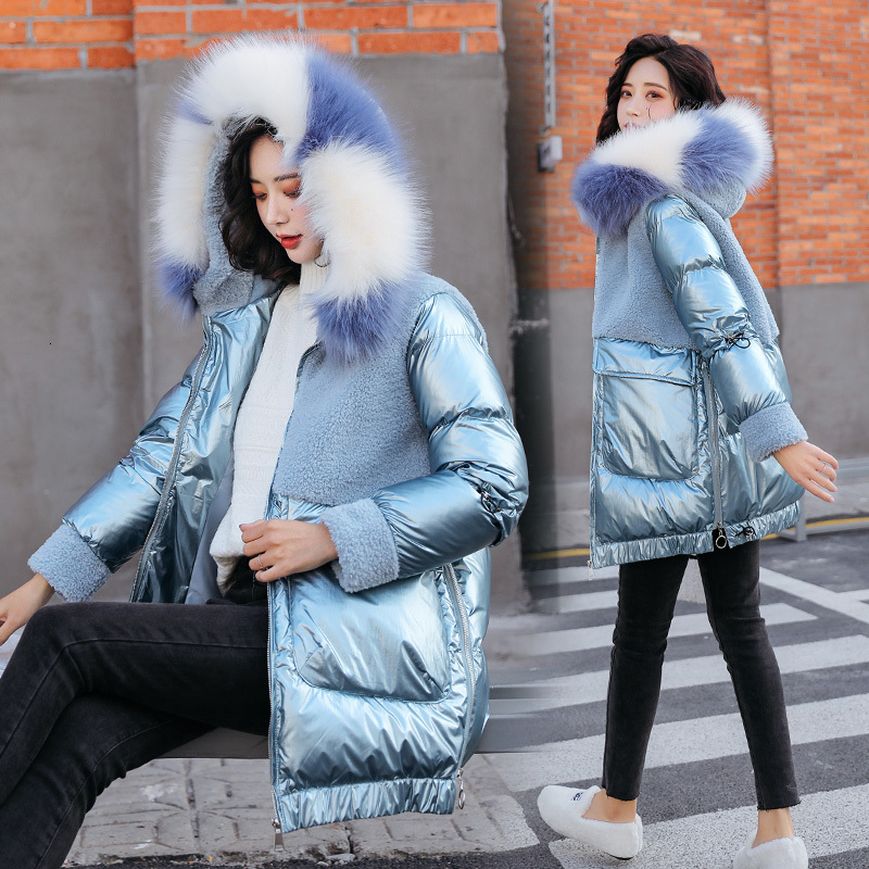 

2021 New Quality Glossy Spliced Lambswool Long Women Coat Chic Design Shining Fabric Thick Cotton Winter Outwear Fashion Girls Sqru, Style1