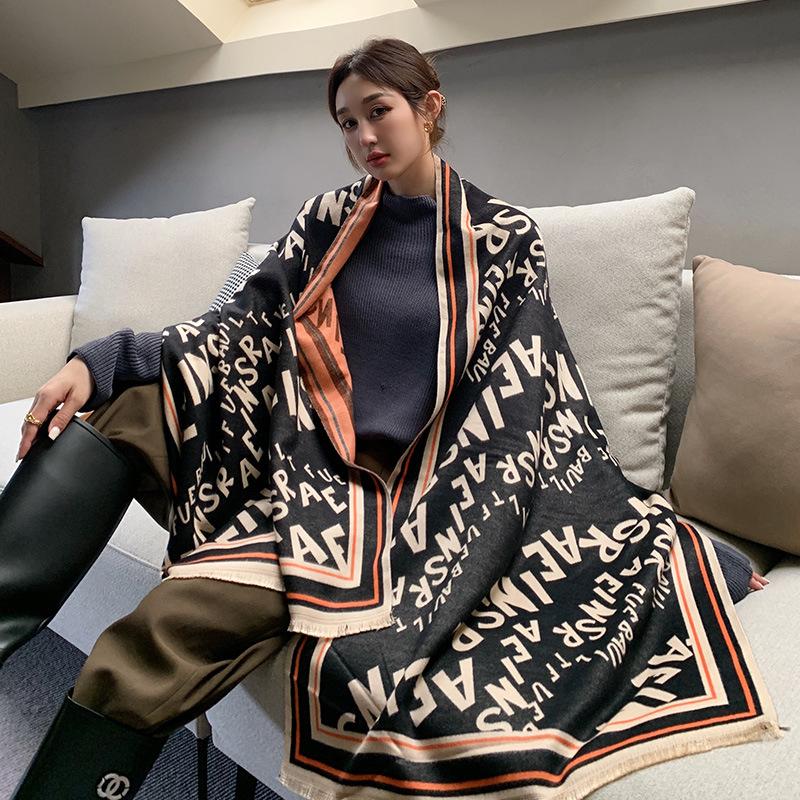 

Scarves Luxury Women's Cashmere Feel Shawl Scarf Letter Print Cloak Female Warm Wrap Bandana Thick Soft Foulard BlanketScarves
