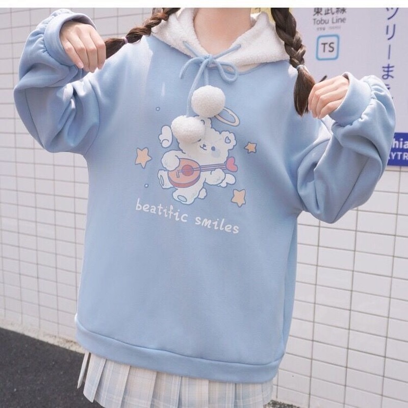 

2021 New Deeptown Kawaii Inverno Moda Bonito Pulver Feminino Manga Comprida Impresso Moletom Solto Mais Veludo Hoodies F1p9, Blue