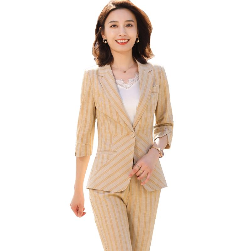 

Women' Two Piece Pants Fashion Green Apricot Gray Striped Half Sleeve Women Pant Suit Latest Spring Summer Business Formal 2 Coat Blazer Se, Green pant suit