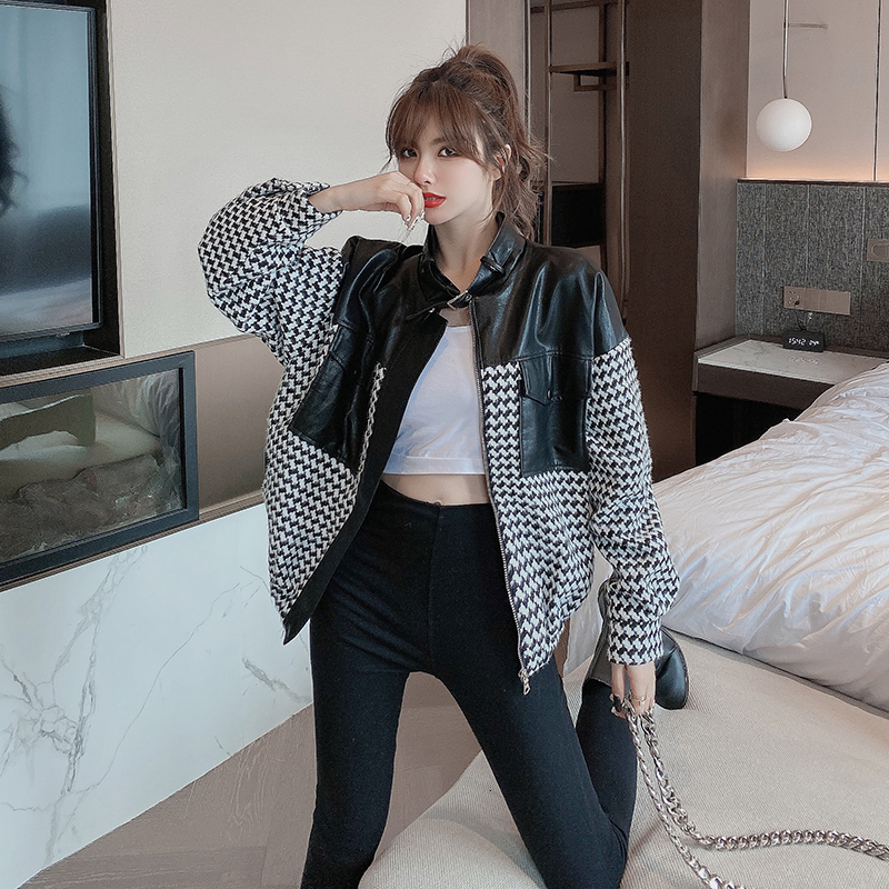 

2021 New Korean style small short women French houndstooth stitching fur woolen coat 4L6J, Coffee color