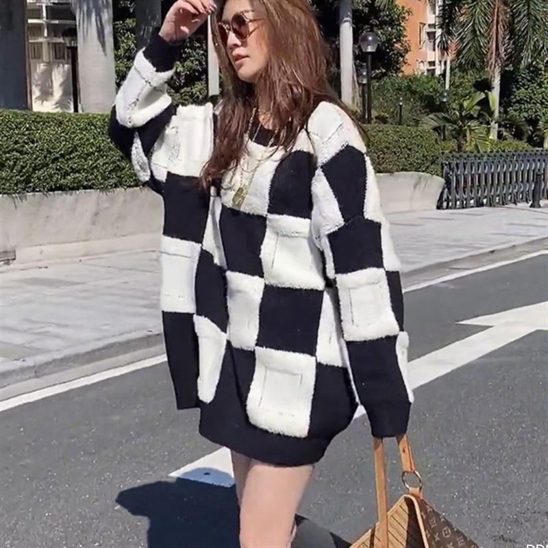 

Women's Sweaters 2021 Autumn And Winter Korean Knit Loose Round Neck Long-sleeved Plaid Sweater Blouse All-match Casual Fashion, Green