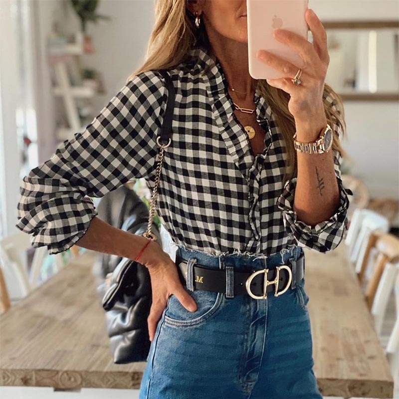 

2021 New Spring v Neck Plaid for Women Vintage Casual Ruffles Long Sleeve Blouse Work Shirt Female Black Office Tops Zq2b