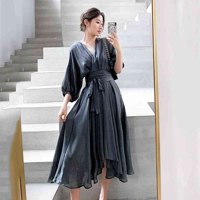 

Elegant Summer Dress Satin Smoke Grey Surplice Wrap Knot Half Sleeve High Waist Party Dresses Women Clothes Autumn 210608