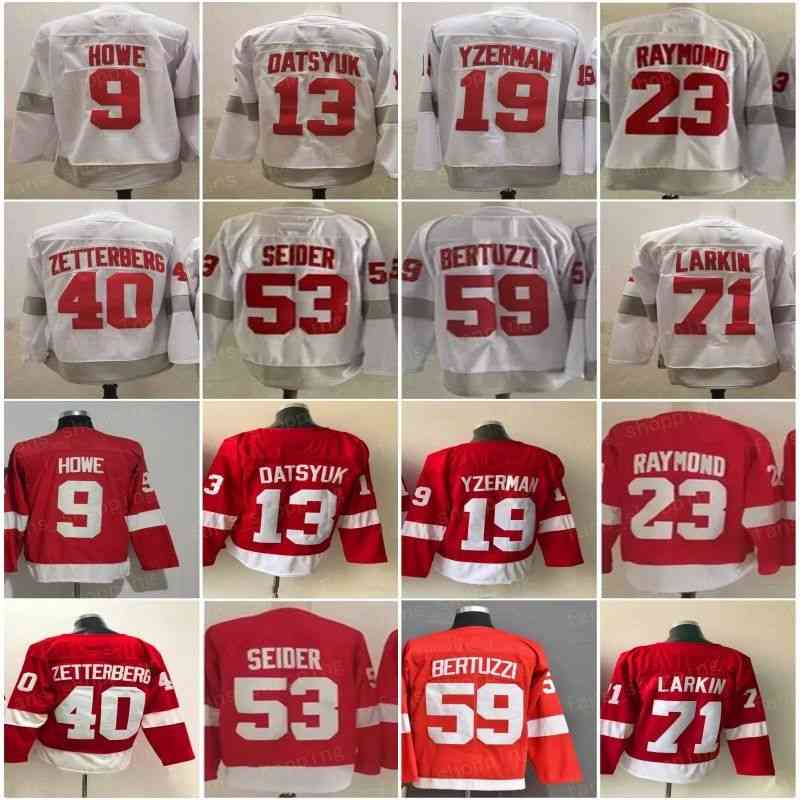 

Reverse Retro Hockey 23 Lucas Raymond Jersey 53 Moritz Seider 59 Tyler Bertuzzi 71 Dylan Larkin 9 Gordie Howe 19 Steve Yzerman 13 Pavel Datsyuk 40 Henrik Zetterberg Men, Red