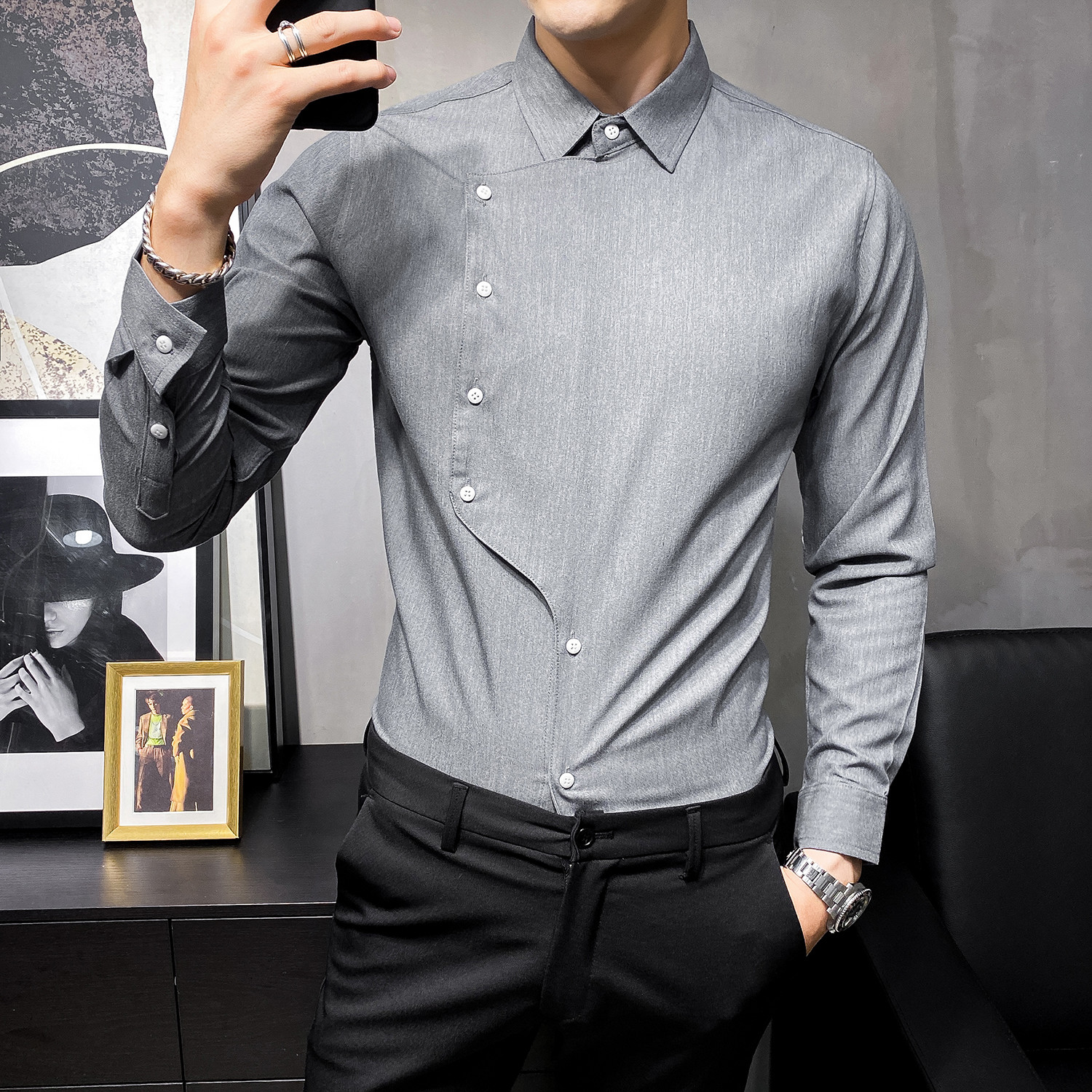 

2021 New British Style Part Placket Mode Long Sleeve Men's Clothes Slim Fit Blunder Business Formal Waste of Men 3xl-m Nuh0, White