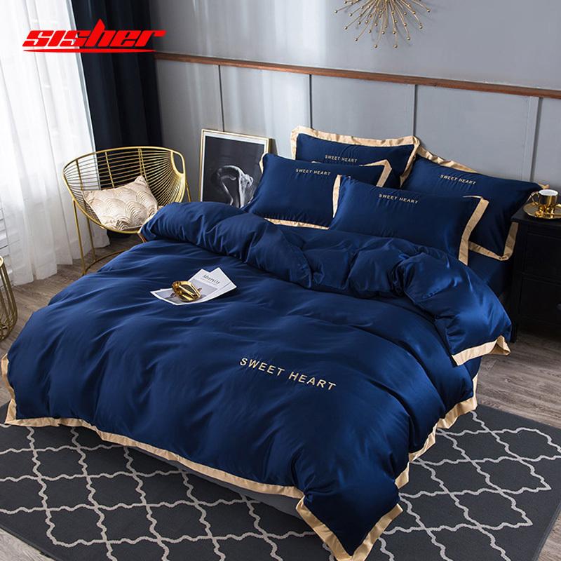 

Sisher Luxury Bedding Set 4pcs Flat Bed Sheet Brief Duvet Cover Sets King Comfortable Quilt Covers  Size Bedclothes Linens Y200111, Blue-sweet