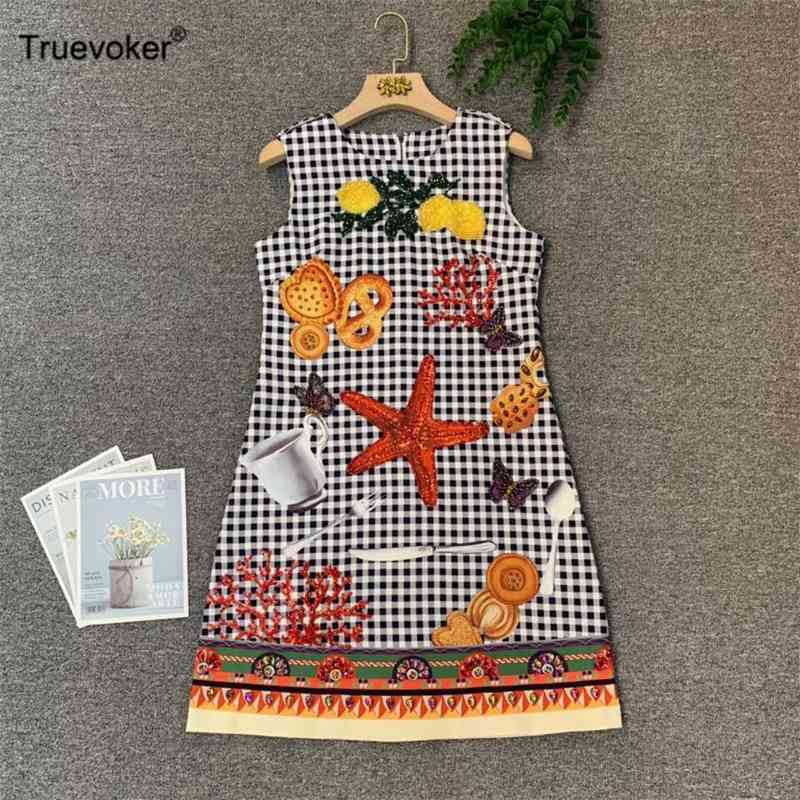 

Truevoker Women High End Manual Beading Sequins Plaid Print Tank Dress Lady Vintage Diamond Robe Mujer Festa Vestido 210602, Multi