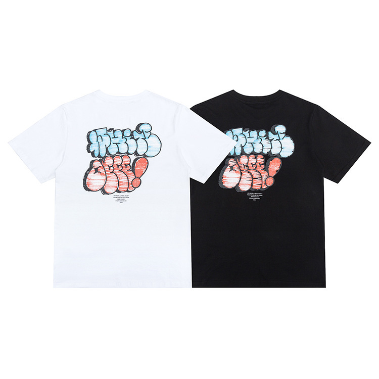 

Ow Spring Summer Off New White Fun Letter Graffiti Print Hip Hop Men's and Women's Short Sleeve T-shirt Lovers Tee, White;black