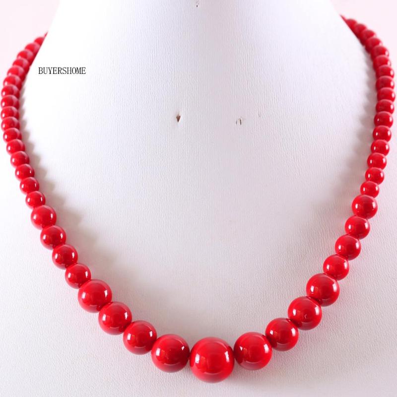 Pendant Necklaces Women Jewelry 6-14MM Natural Stones Round Beads Red Coral Necklace 18&quot; 1Pcs RE106-image-708515428