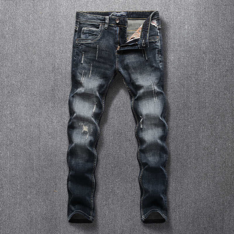

Italian Style Fashion Men Jeans High Quality Retro Black Blue Ripped Elastic Cotton Vintage Designer Slim Denim Pants