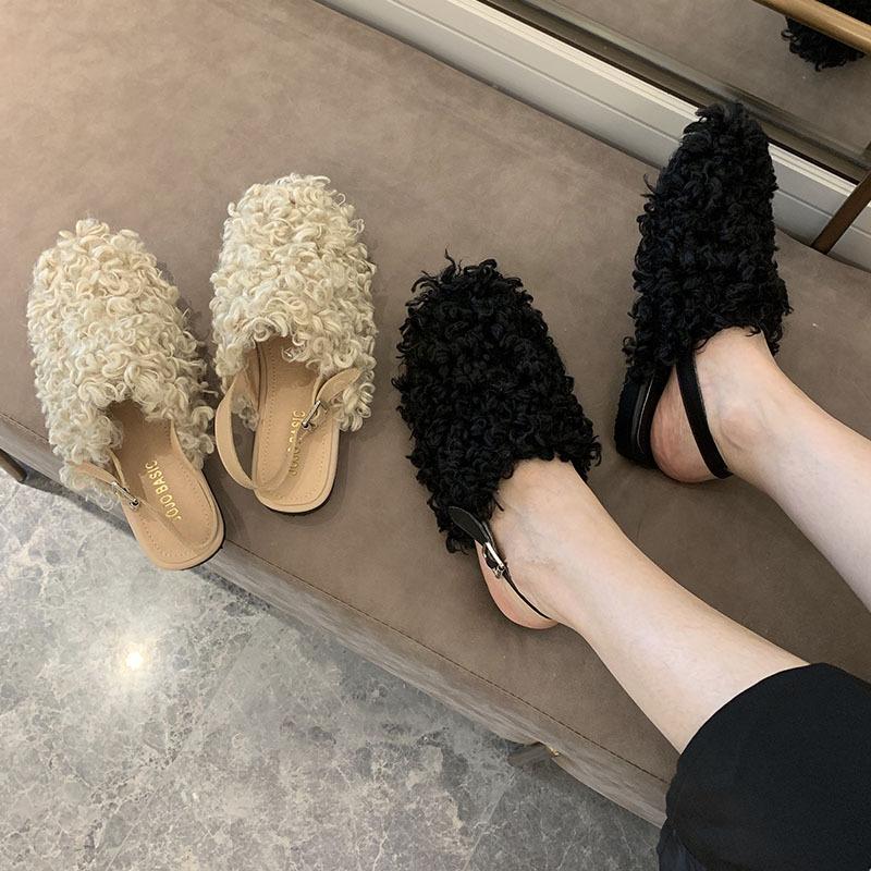 

women sandals Korean close toe curl wool flats gladiator sandales back strap buckle fur sandalias autumn girls outside slippers, Black